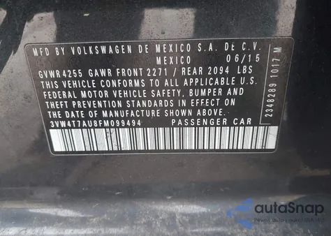 2015 Volkswagen Golf Gti 2.0T Autobahn 4-Door z USA, uszkodzony, nr VIN 3VW4T7AU8FM099494